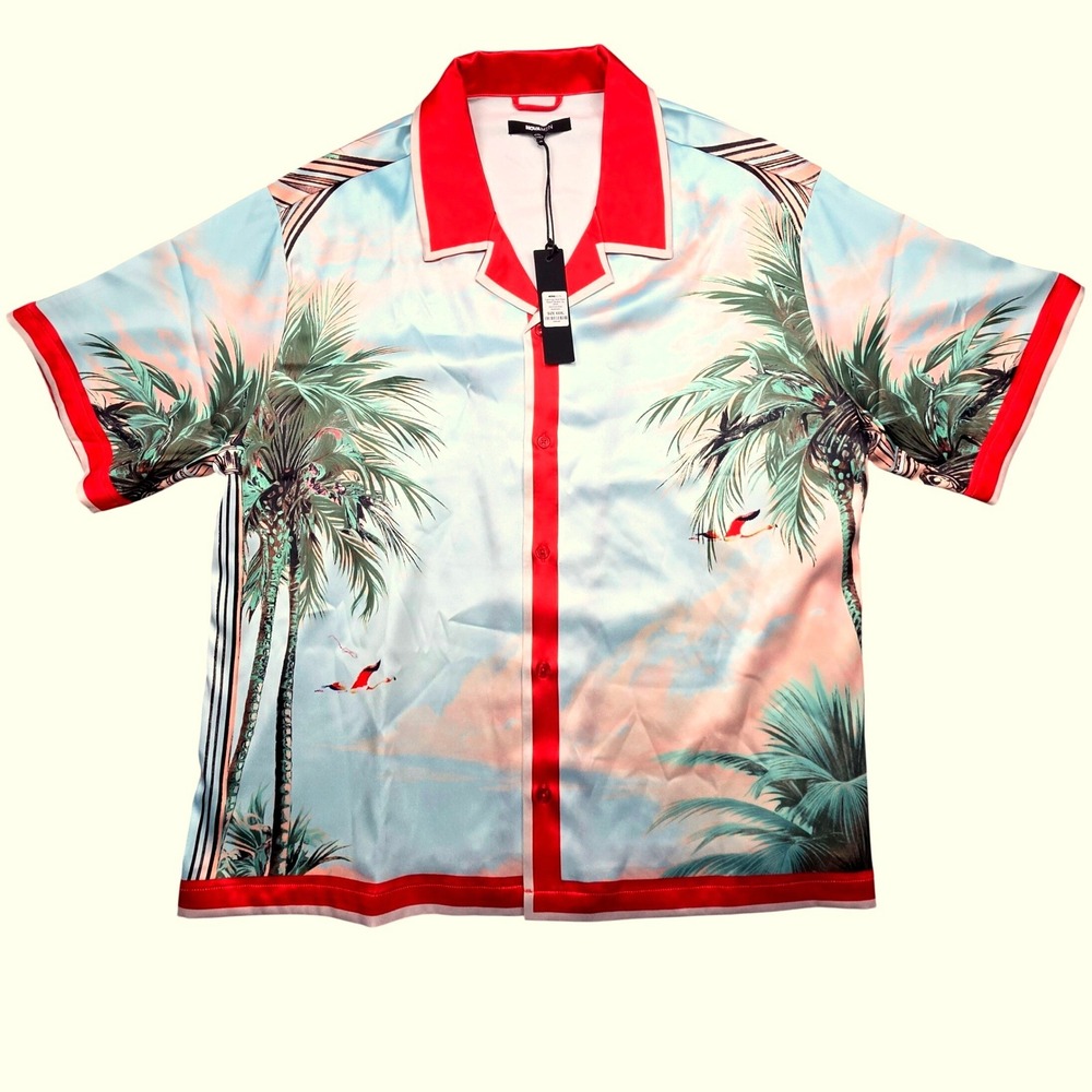 Flamingo and Palm Resort Button Up Shirt XXXL Blue Red Satin Fashion Nova Men